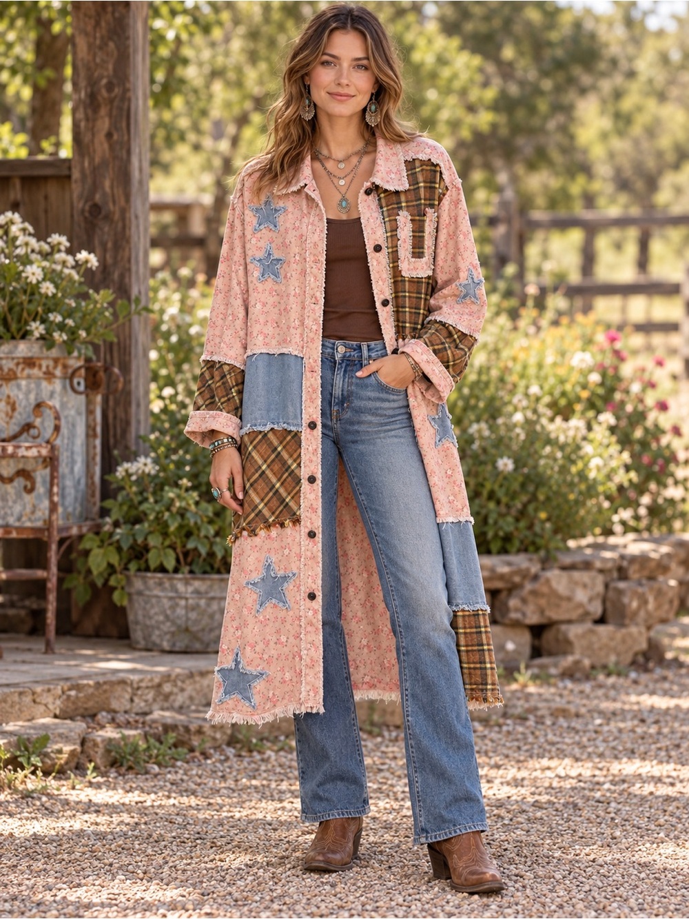 H258 POL ptp26 Plaid & Star Patchwork Contrast Long Sleeve Shacket Pink & Brown